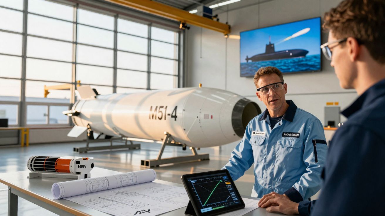 Dois engenheiros analisam planos e dados técnicos de míssil M51-4 numa fábrica com imagem de submarino ao fundo.