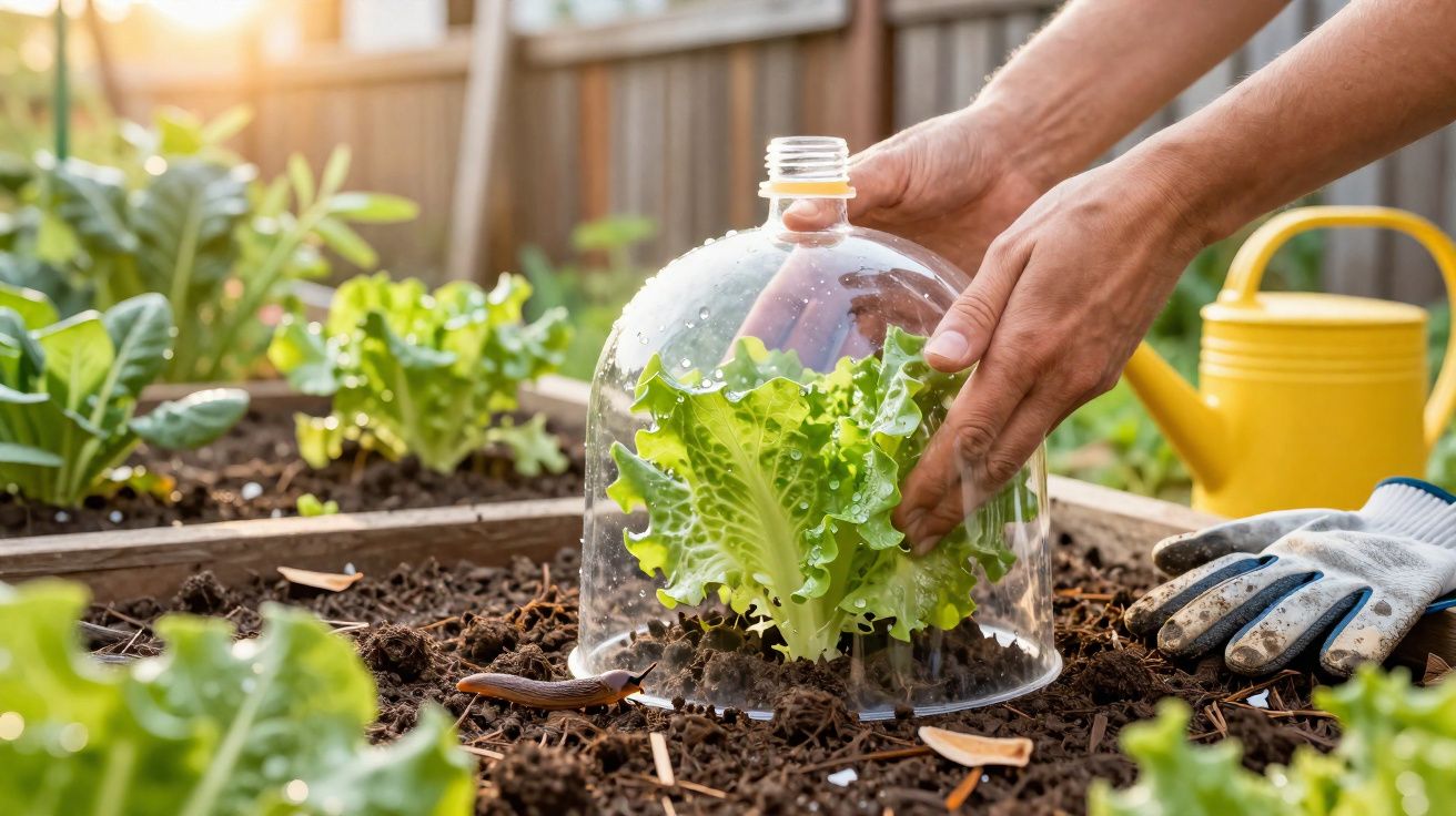 Mãos a colocar uma proteção plástica sobre uma planta de alface num canteiro de jardim.