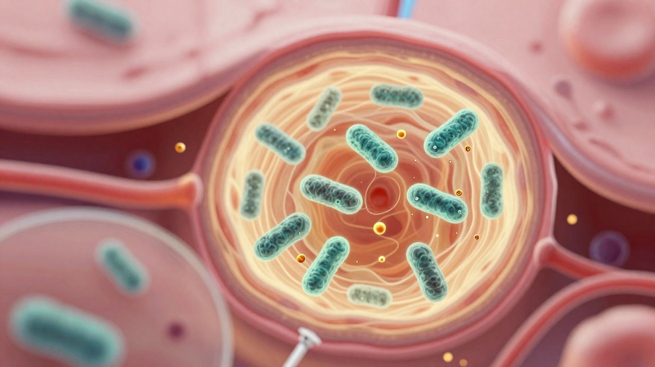 Ilustração digital de células com bactérias verdes dentro, mostrando estrutura interna e membranas.