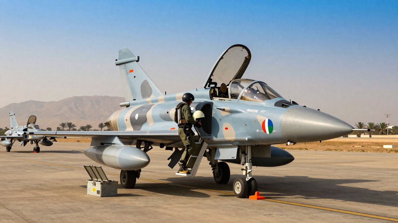 Caça militar cinzento com piloto a entrar na cabine, estacionado numa base aérea desértica.