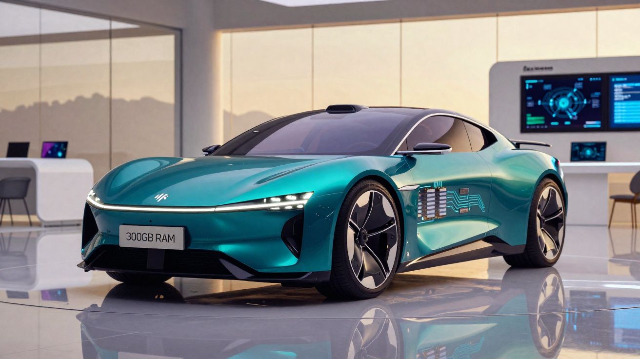 Carro desportivo elétrico verde azulado com design futurista em showroom moderno e iluminado.