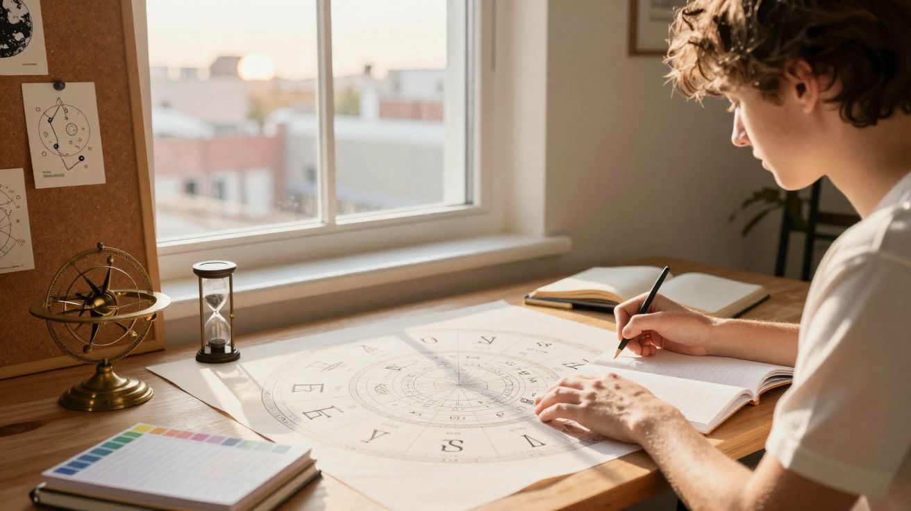 Pessoa a desenhar um mapa astrológico numa mesa junto a uma janela com luz natural ao pôr do sol.