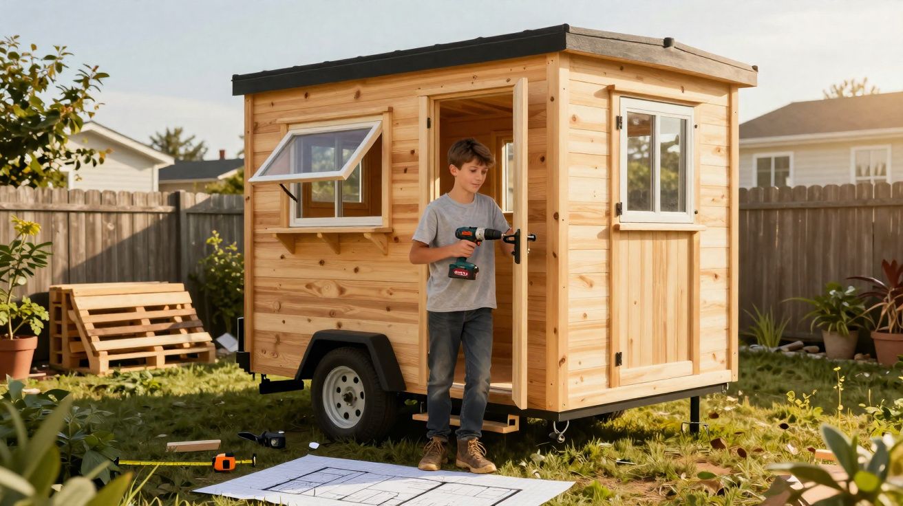 Rapaz com ferramenta na mão junto a casinha de madeira móvel no jardim, com plantas e plantas ao redor.
