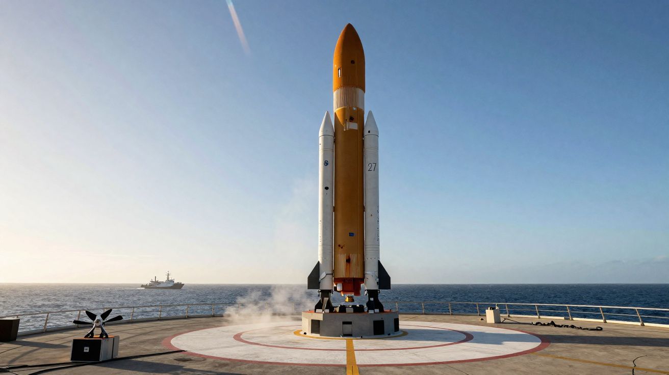 Foguete em posição vertical numa plataforma marítima com o mar e um navio ao fundo sob céu limpo.