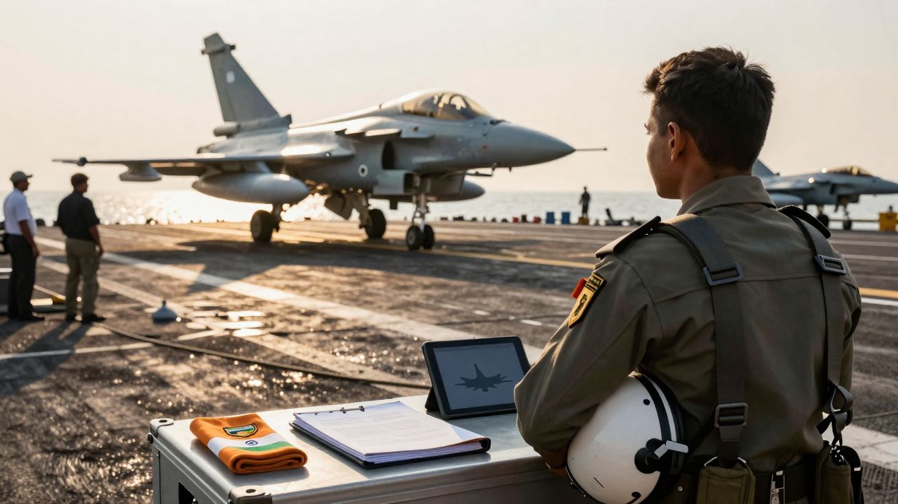 Homem em uniforme militar observa jato de caça numa pista de aterragem ao pôr do sol.