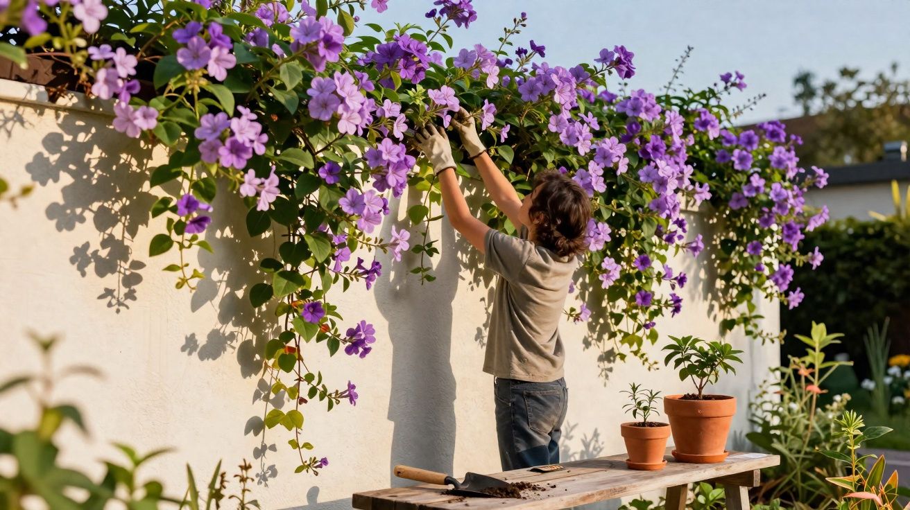Criança a apanhar flores roxas de uma trepadeira num muro branco, com vasos e ferramentas de jardinagem.