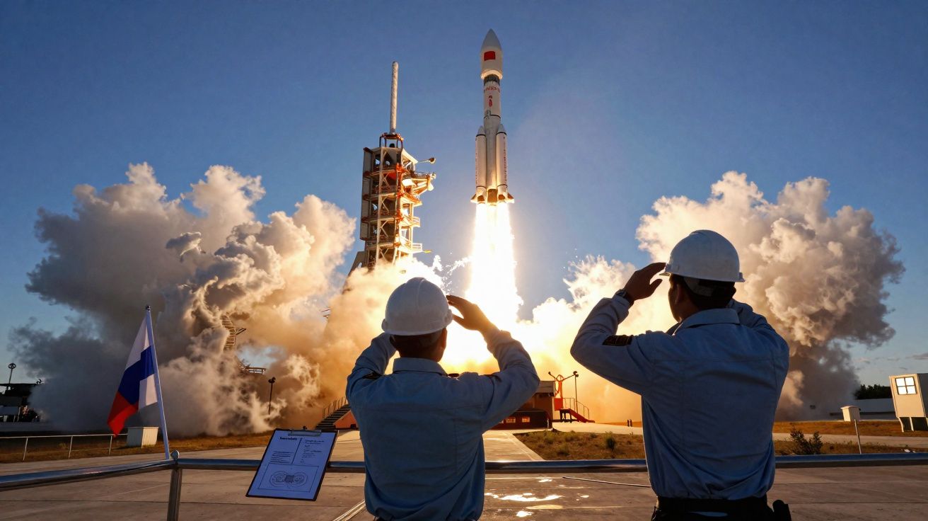 Dois trabalhadores com capacetes observam o lançamento de um foguetão russo à noite clara.
