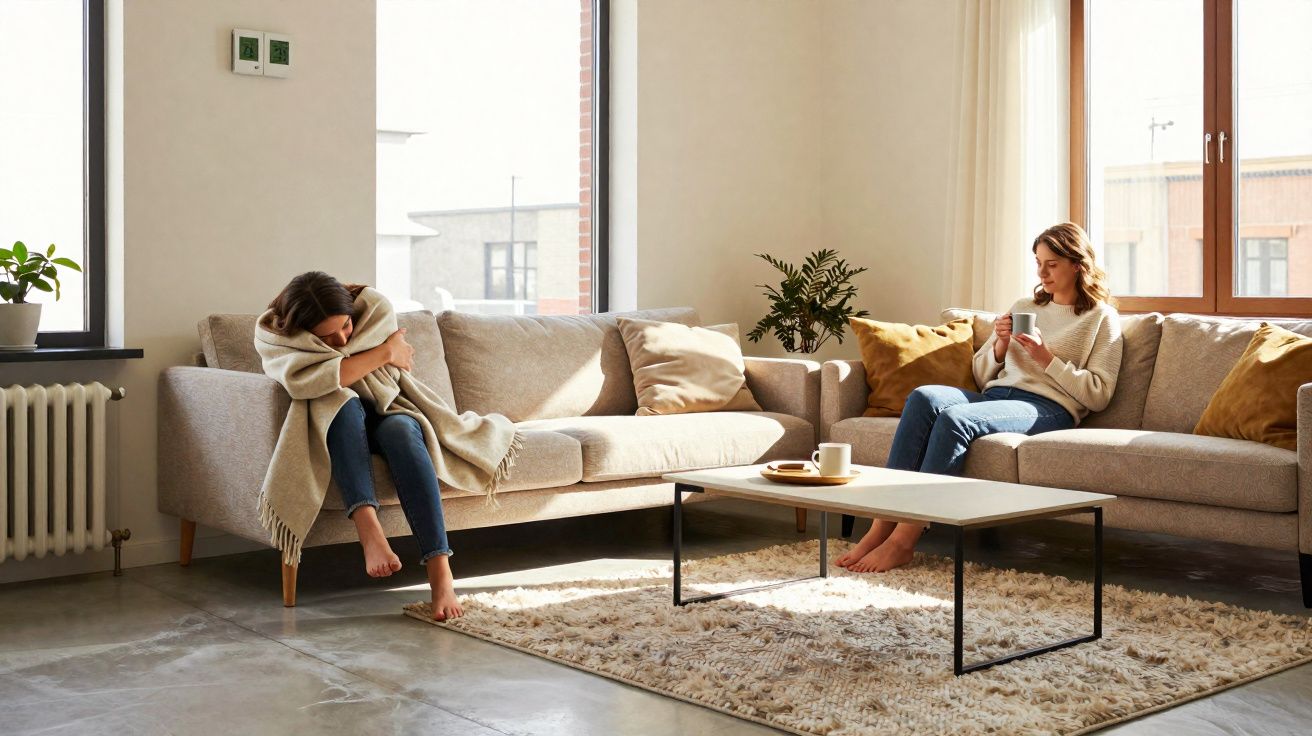 Duas mulheres num sofá na sala, uma abraçada e a outra com uma chávena na mão, luz natural a entrar.