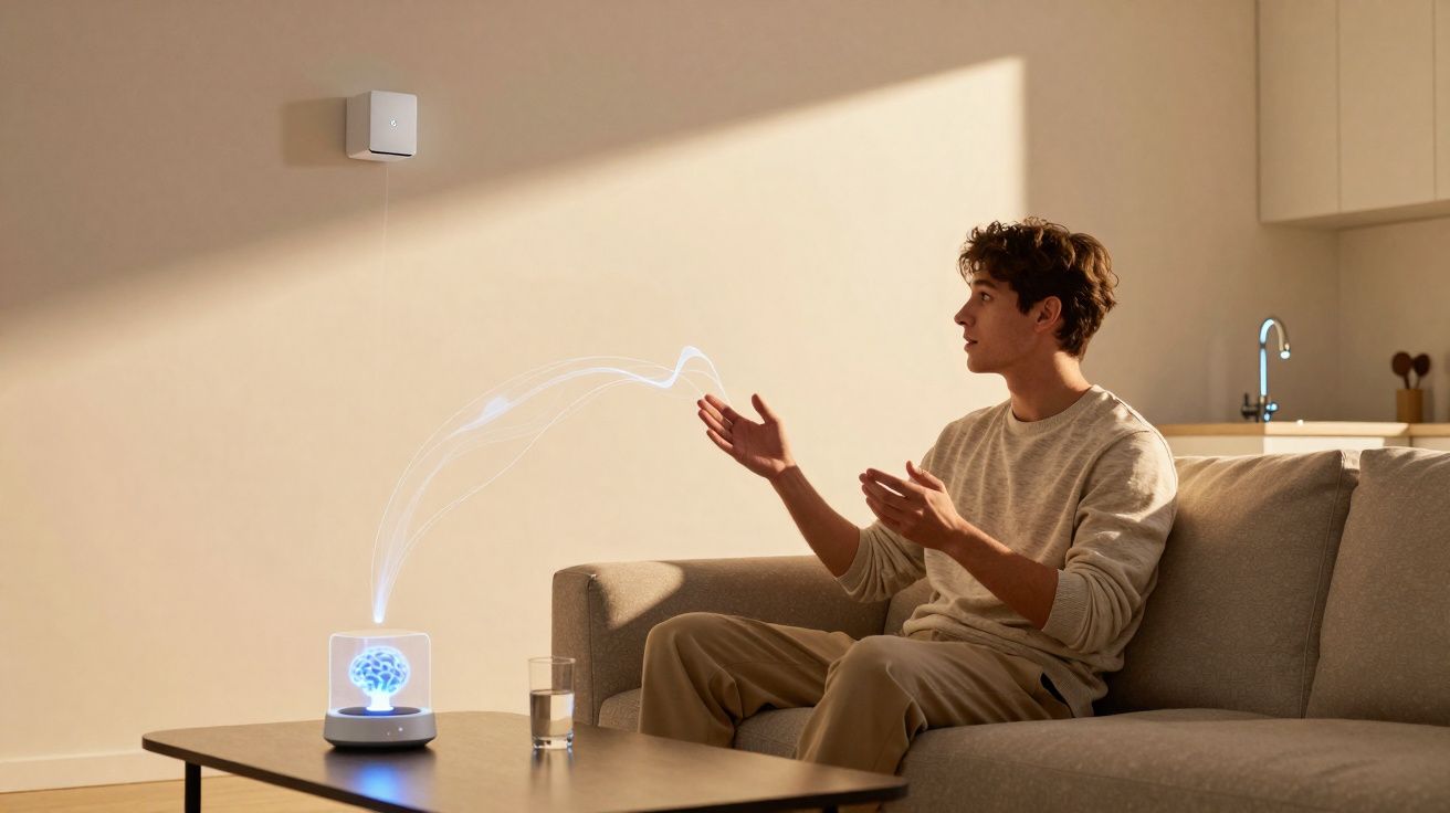 Homem sentado no sofá interage com assistente virtual holográfica numa sala moderna e luminosa.