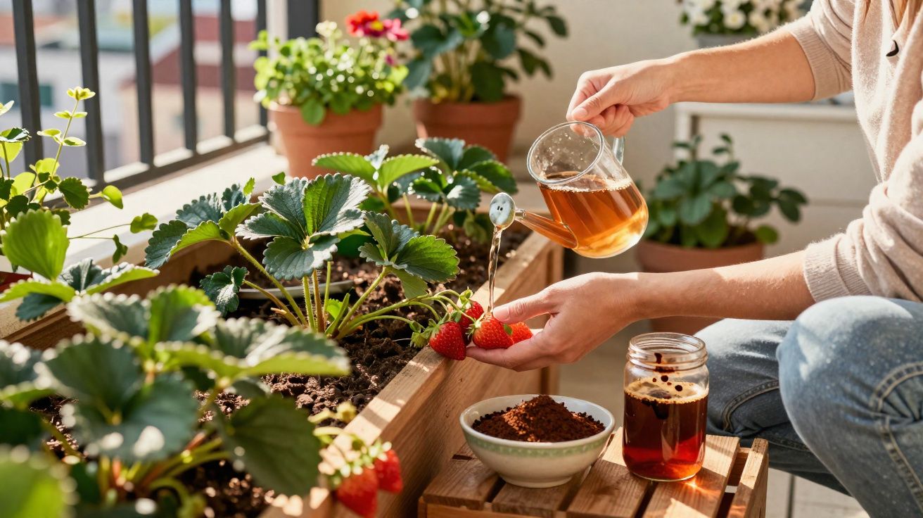 Pessoa a regar plantas de morango num vaso de madeira numa varanda ensolarada.