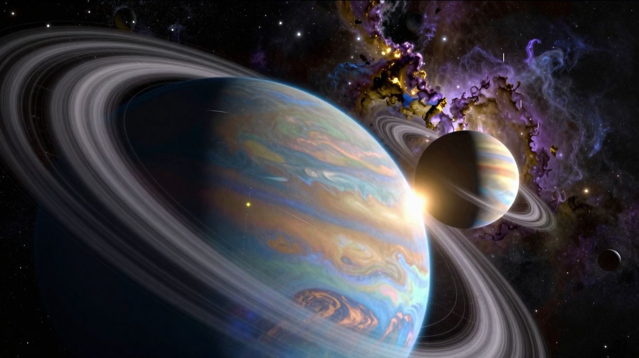 Planetas gigantes gasosos com anéis e uma nebulosa colorida ao fundo no espaço sideral.