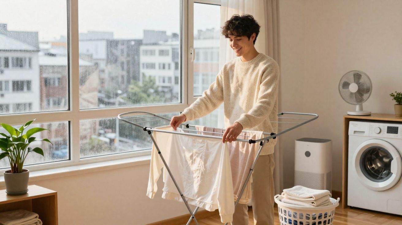Pessoa jovem a secar roupa branca num estendal interior com janelas grandes numa lavandaria moderna.