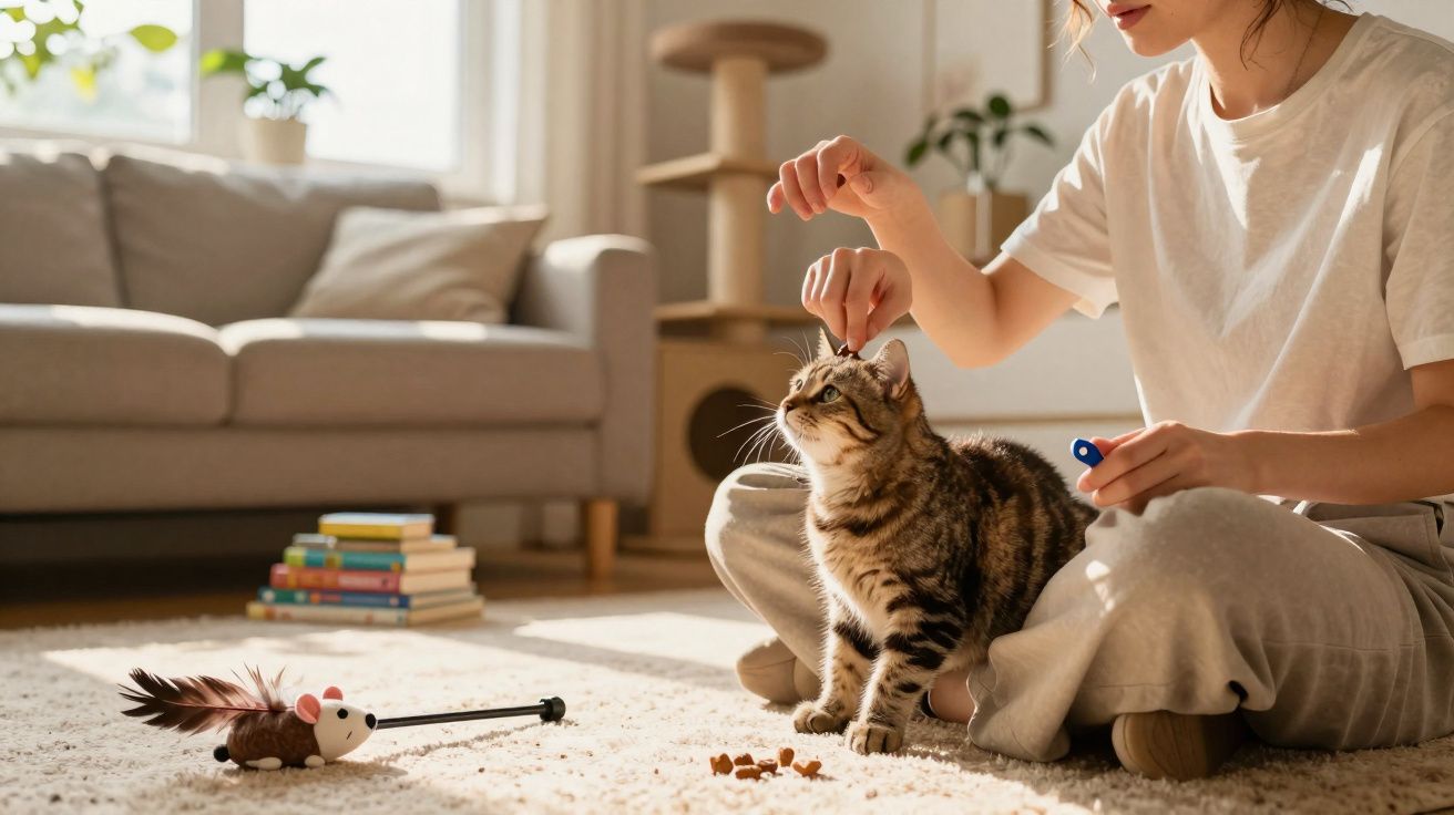 Pessoa a brincar e dar petiscos a um gato doméstico num ambiente acolhedor e luminoso.