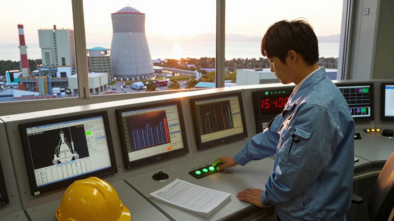 Homem numa sala de controlo de uma central elétrica com vários ecrãs e capacete amarelo à sua frente.