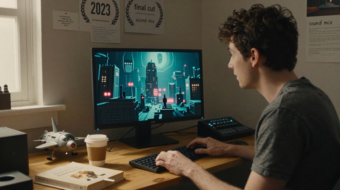 Jovem sentado a editar animação num computador, com café e livros numa secretária de madeira.