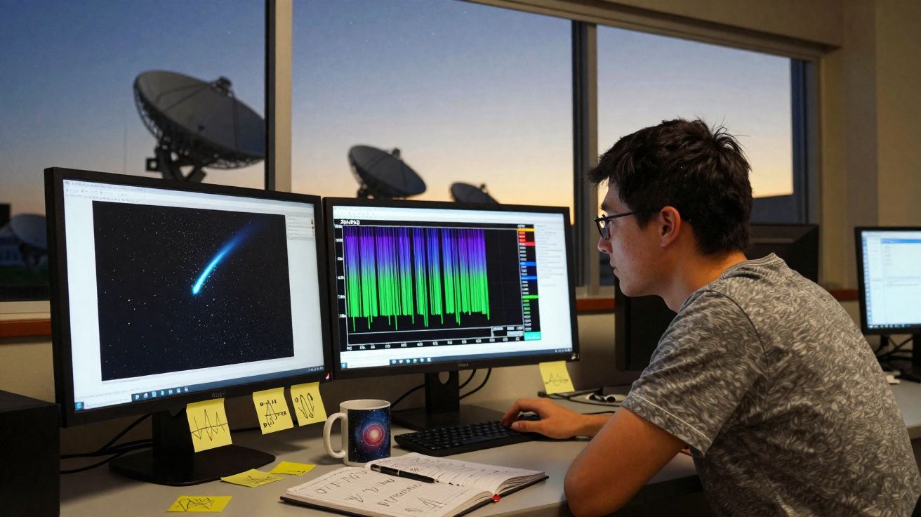 Pessoa a analisar dados astronómicos no computador, com antenas parabólicas e céu ao pôr do sol na janela.