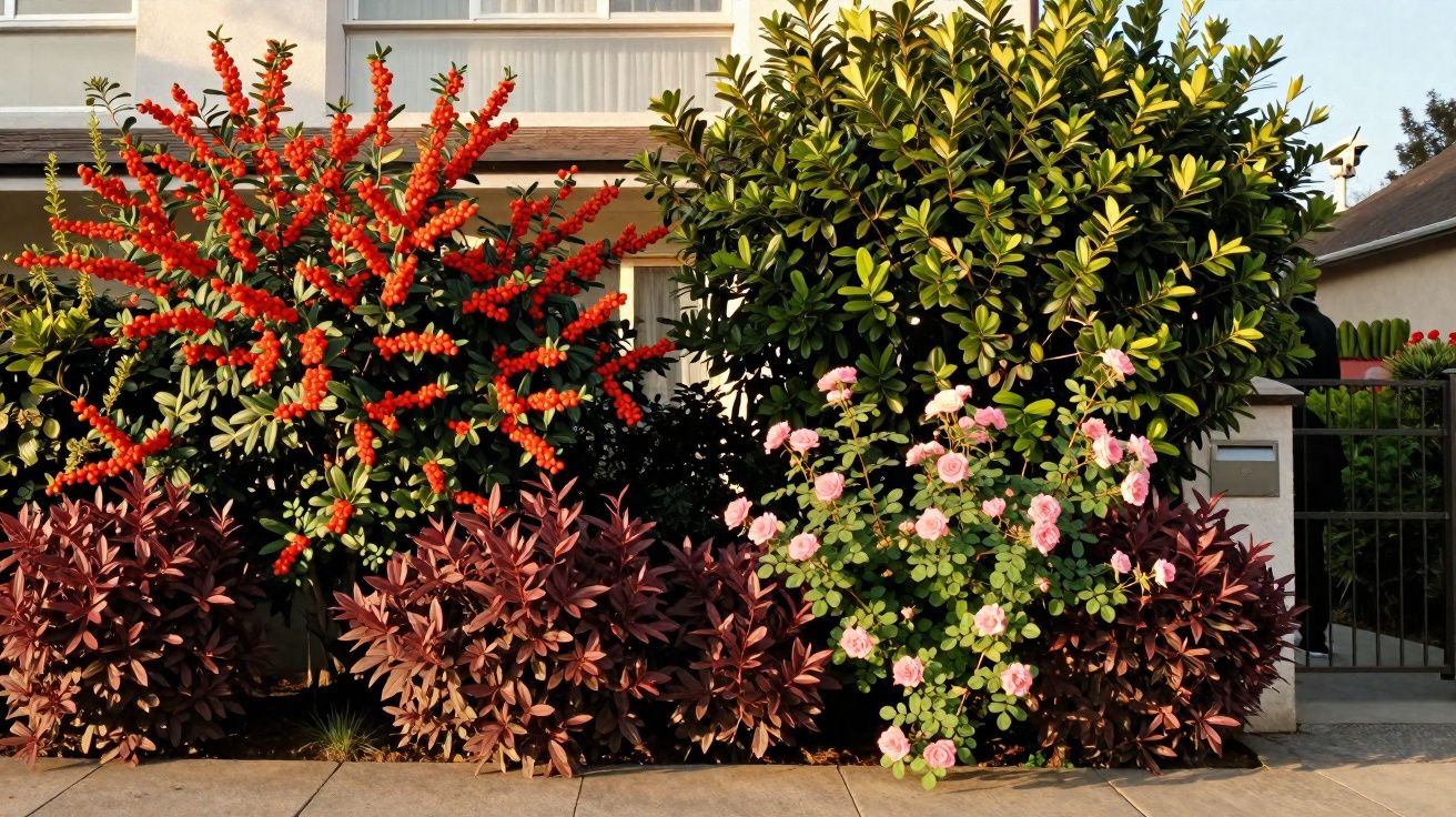 Jardim com plantas variadas, incluindo arbusto com bagas vermelhas, folhas verdes e flores cor-de-rosa.