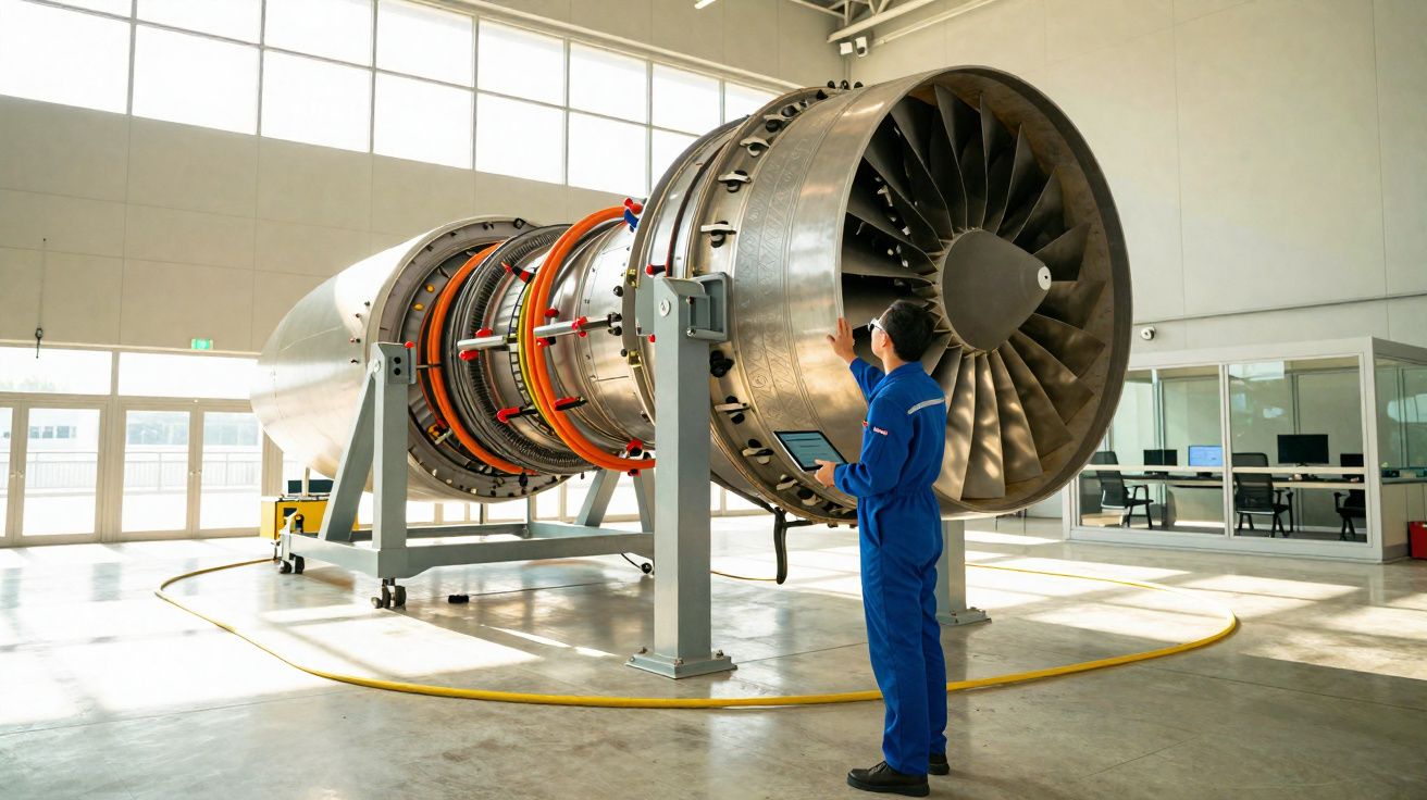 Engenheiro em macacão azul inspeciona motor a jato grande dentro de hangar iluminado.