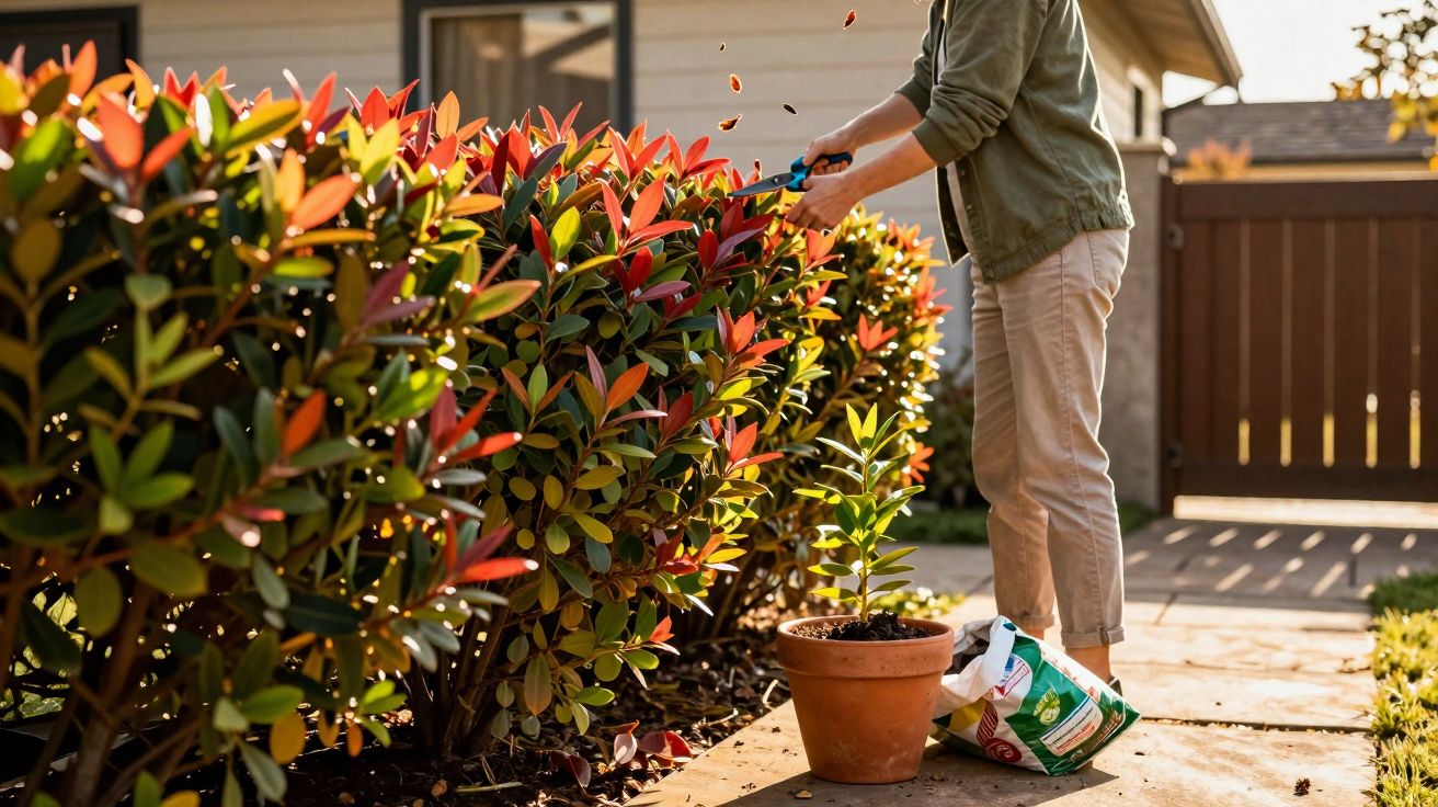 Pessoa regando plantas com regador num jardim com arbustos e vaso de planta.
