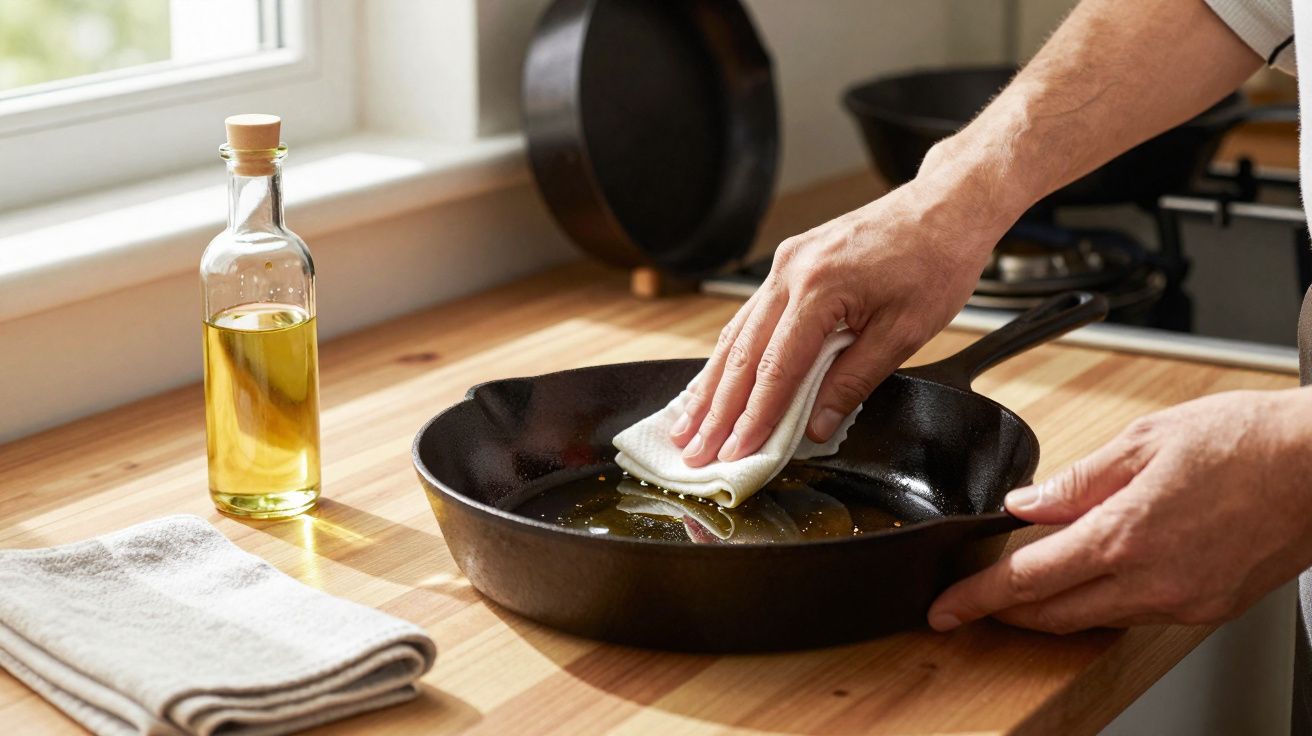 Pessoa a limpar frigideira de ferro com pano numa cozinha com garrafa de azeite e toalha sobre bancada de madeira.
