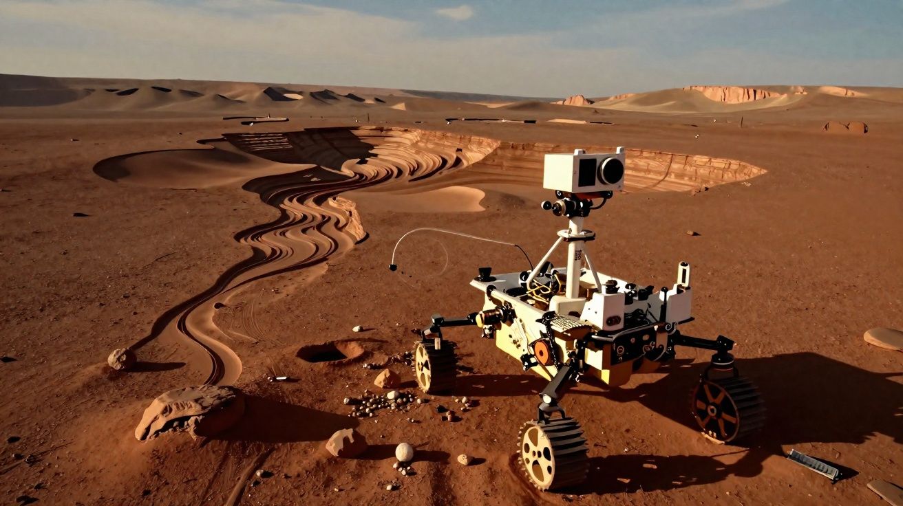 Rover exploratório em solo árido e rochoso com colinas e dunas ao fundo sob céu azul claro.