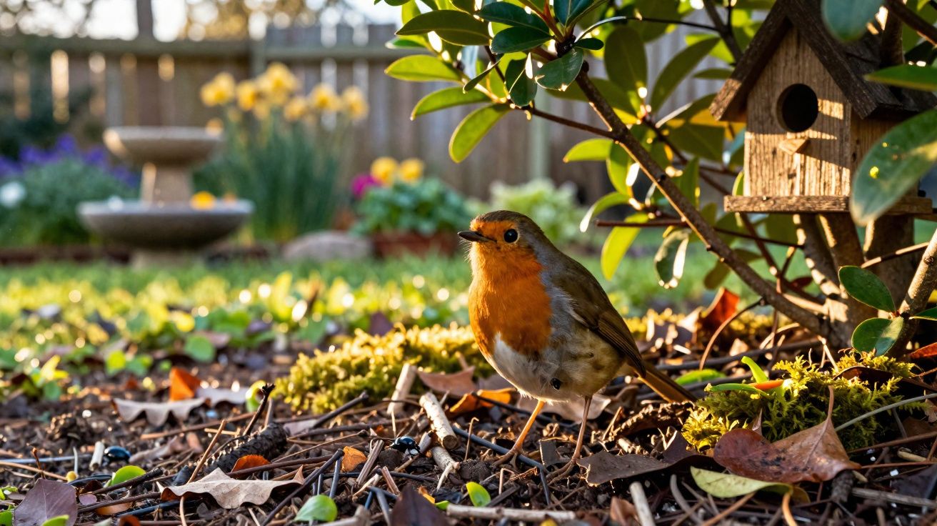 Pisco-de-peito-ruivo no chão do jardim com folhas e planta, próximo de casa de passarinho pequena.