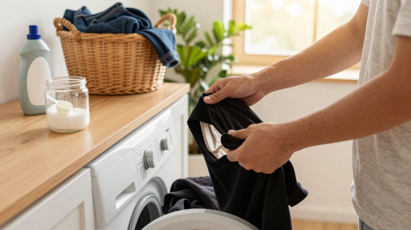 Pessoa a colocar roupa preta na máquina de lavar roupa numa lavandaria com luz natural.