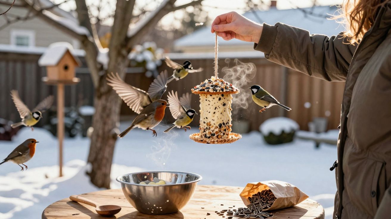 Pessoa alimenta pássaros com fatias de frutos secos penduradas ao ar livre no inverno.