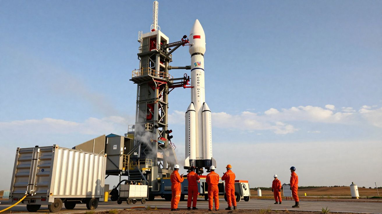 Foguete branco na plataforma de lançamento com equipa de técnicos em fato laranja a observar, céu limpo ao fundo.