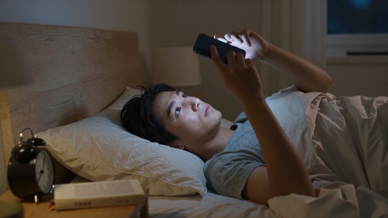 Homem deitado na cama a olhar para o telemóvel à noite, com despertador e livro na mesa de cabeceira.
