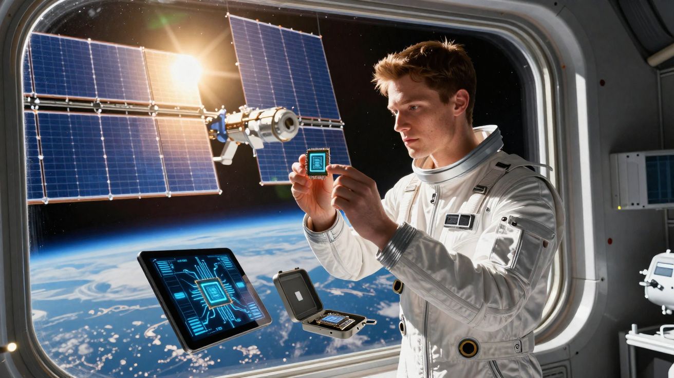 Astronauta em fato espacial analisa um chip tecnológico com painéis solares e a Terra ao fundo no espaço.