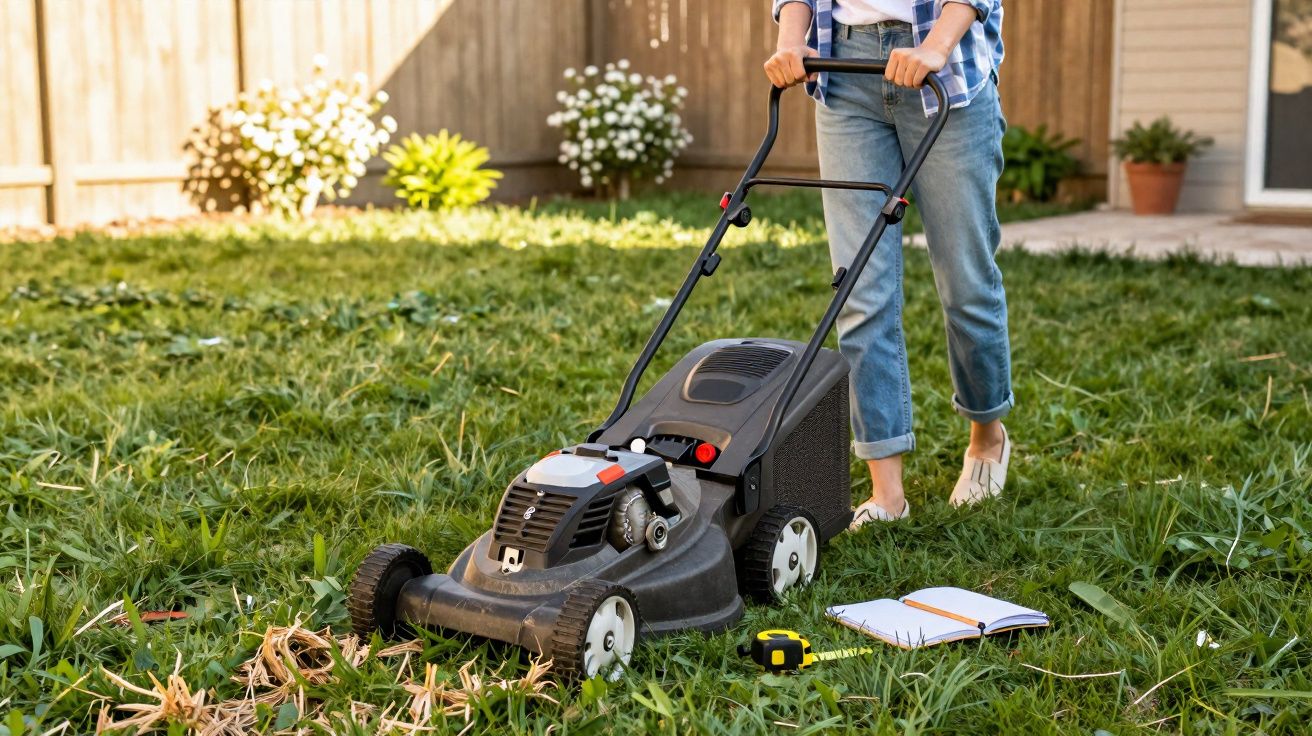 Pessoa a cortar relva com corta-relvas num jardim com flores ao fundo e caderno no chão.