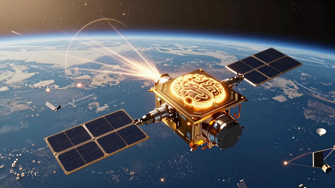 Satélite futurista em órbita da Terra com um cérebro luminoso no topo e painéis solares.