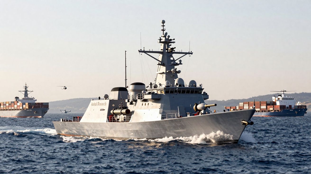 Navio militar a navegar no mar com dois navios cargueiros e dois helicópteros ao fundo.