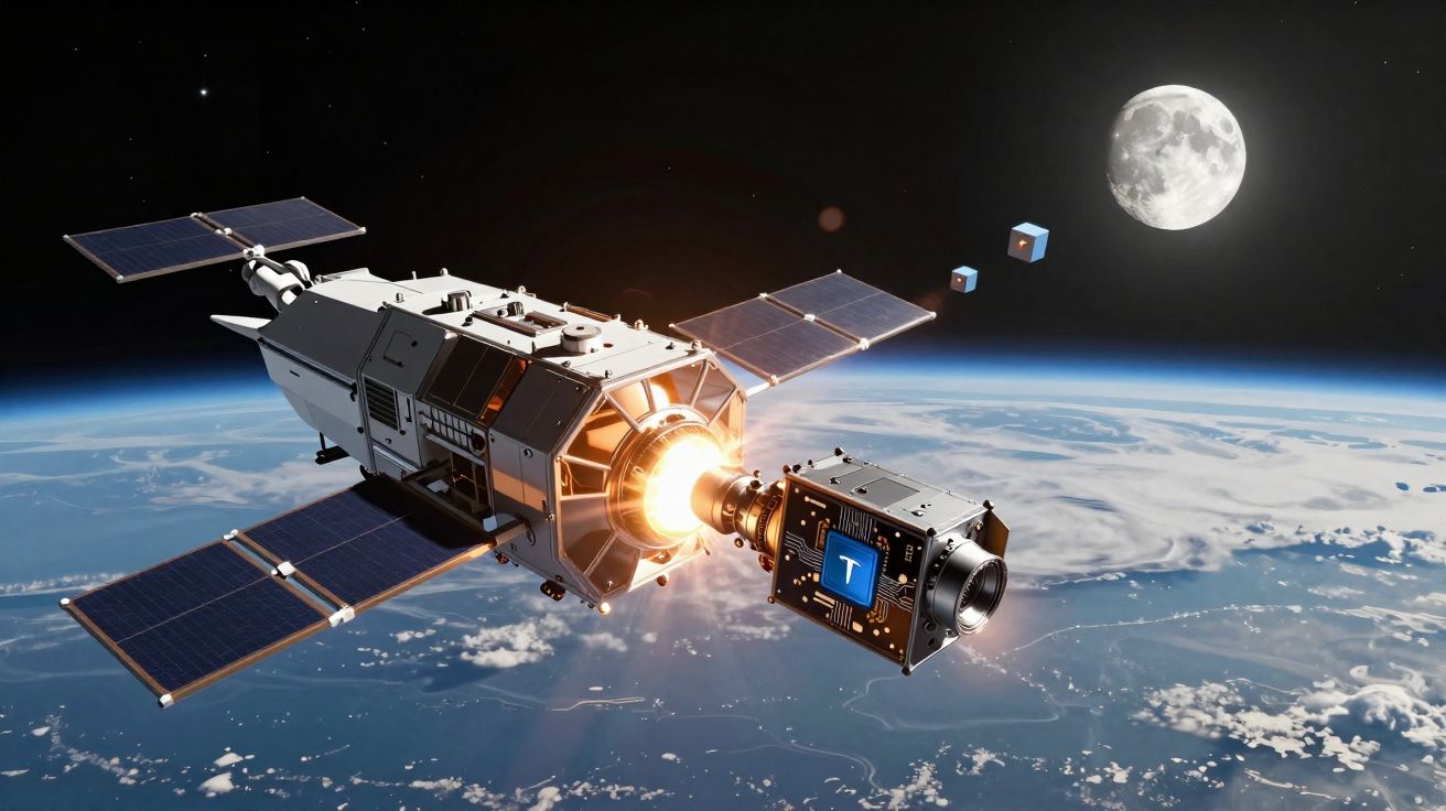 Satélite com painéis solares em órbita terrestre com a Lua visível ao fundo.