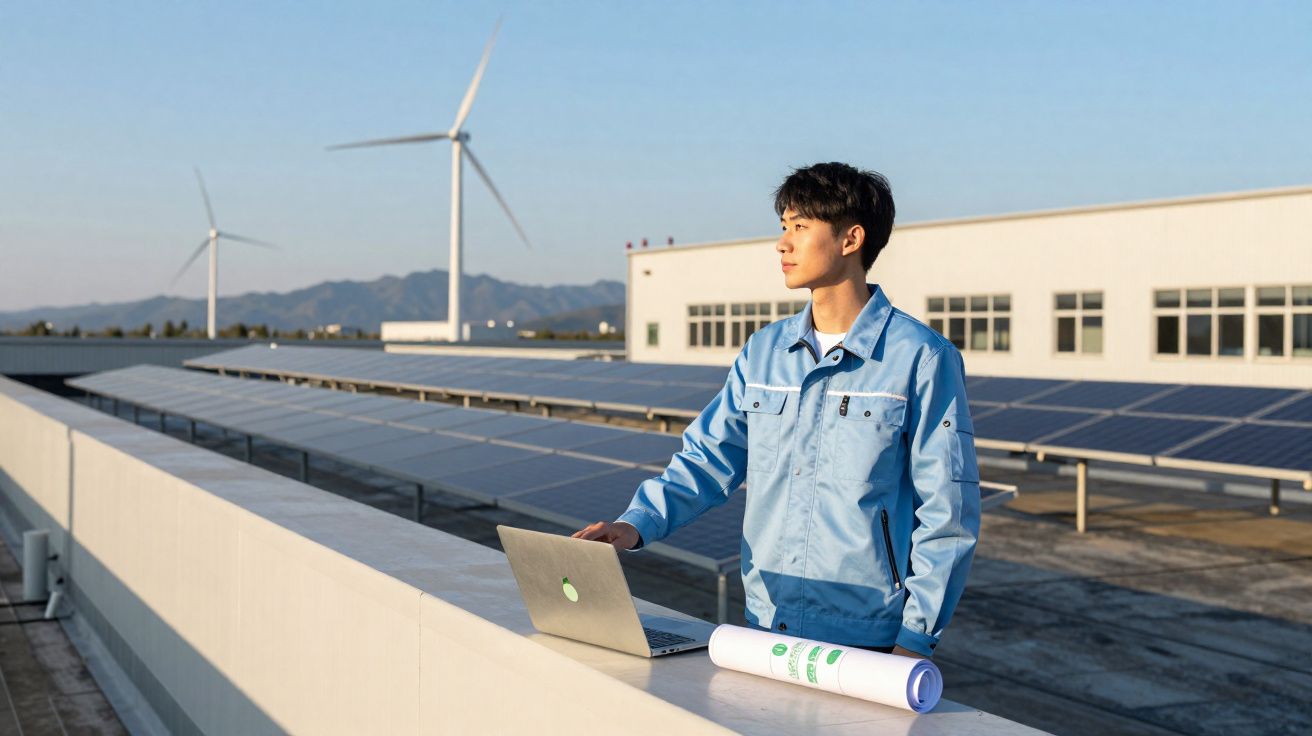 Homem em roupa de trabalho observa painéis solares e turbinas eólicas num telhado industrial ao pôr do sol.