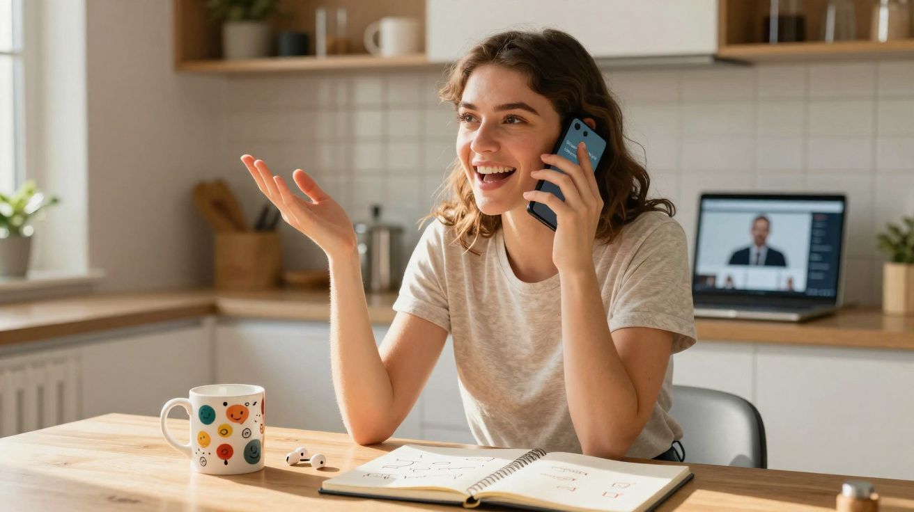 Jovem mulher sorridente a falar ao telefone na cozinha, com caderno aberto e computador ao fundo.