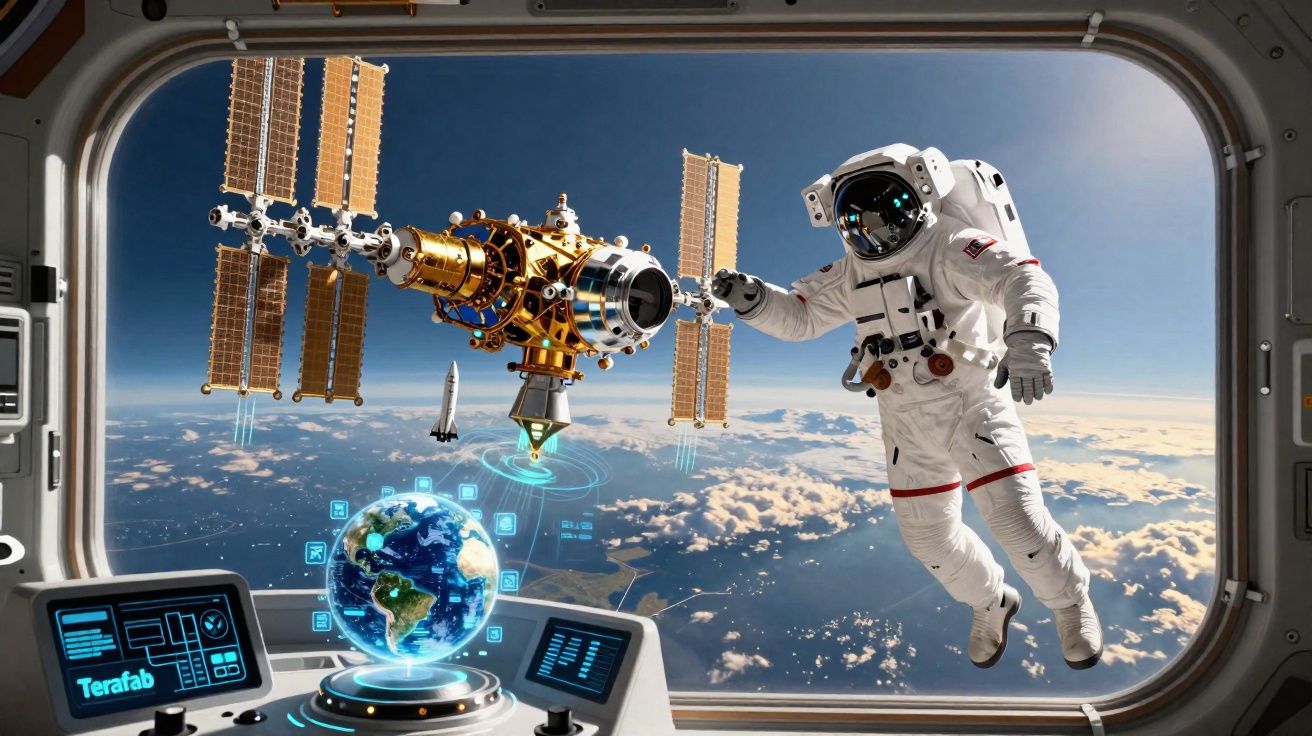 Astronauta em gravidade zero perto de estação espacial com vista da Terra através da janela da nave.