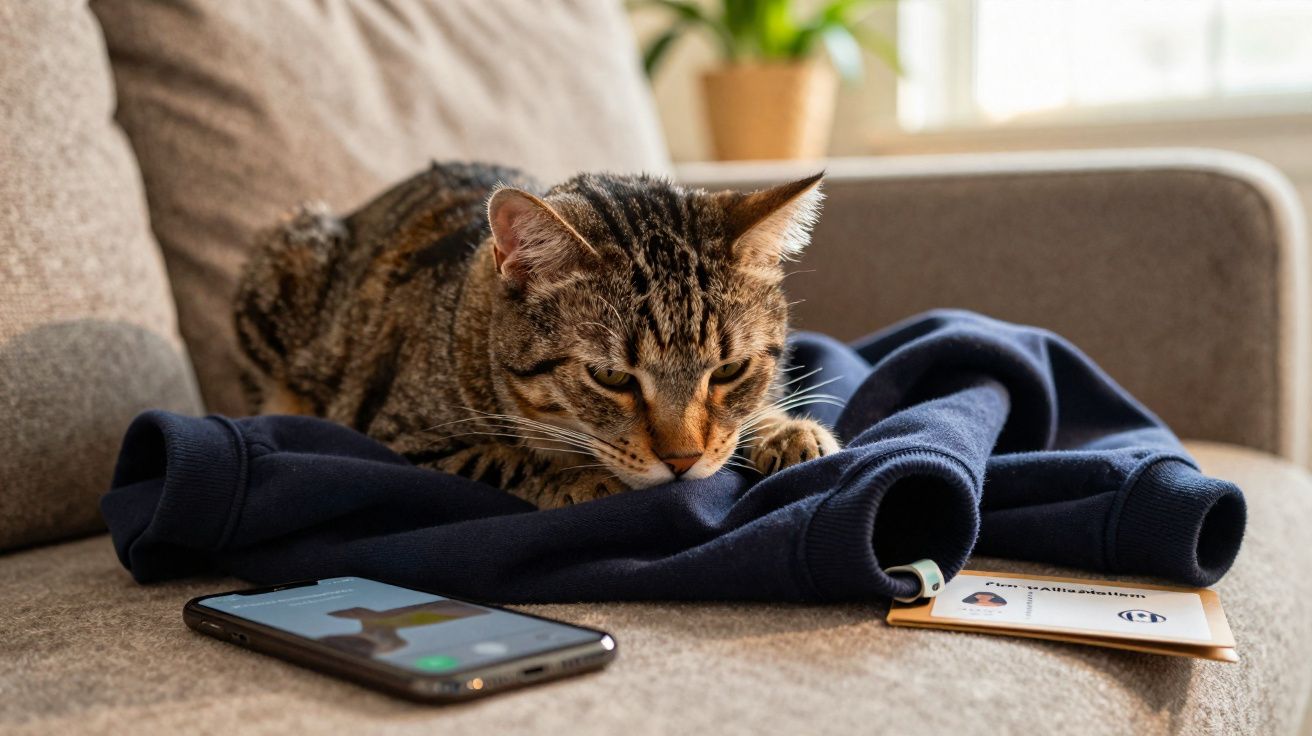 Gato tigrado deitado num sofá, encostado a uma peça de roupa azul escura, com telemóvel ao lado.