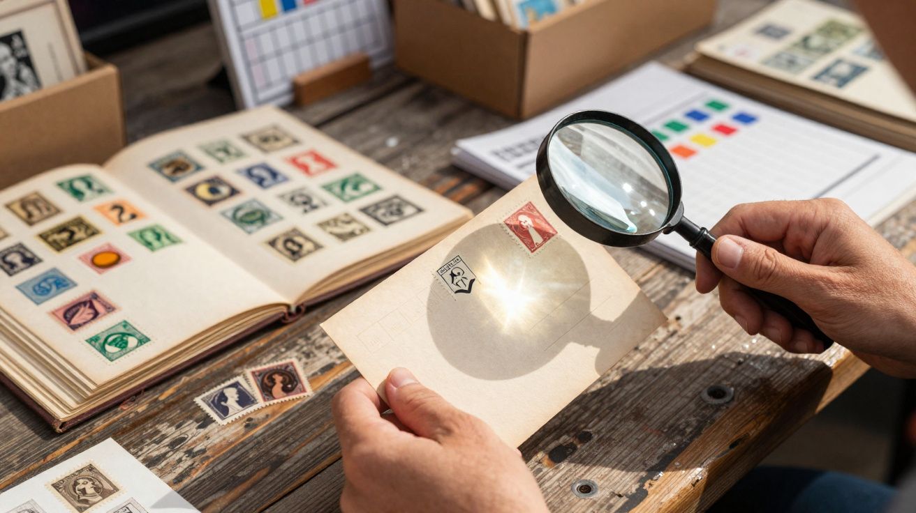 Pessoa a observar selo antigo com lupa, com livros de selos e cartas numa mesa de madeira.