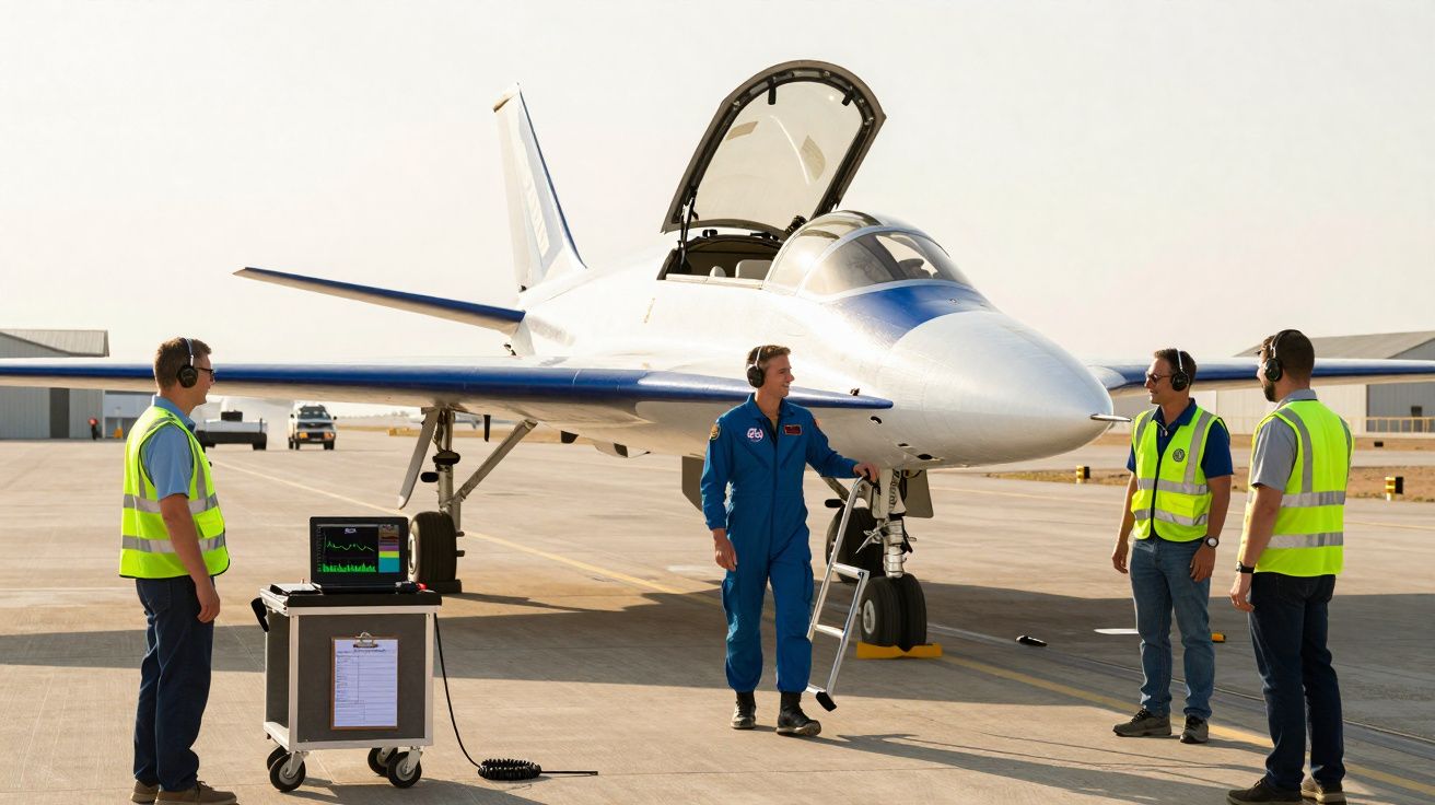 Piloto e técnicos com coletes refletores e auscultadores junto a avião branco na pista de aeroporto.