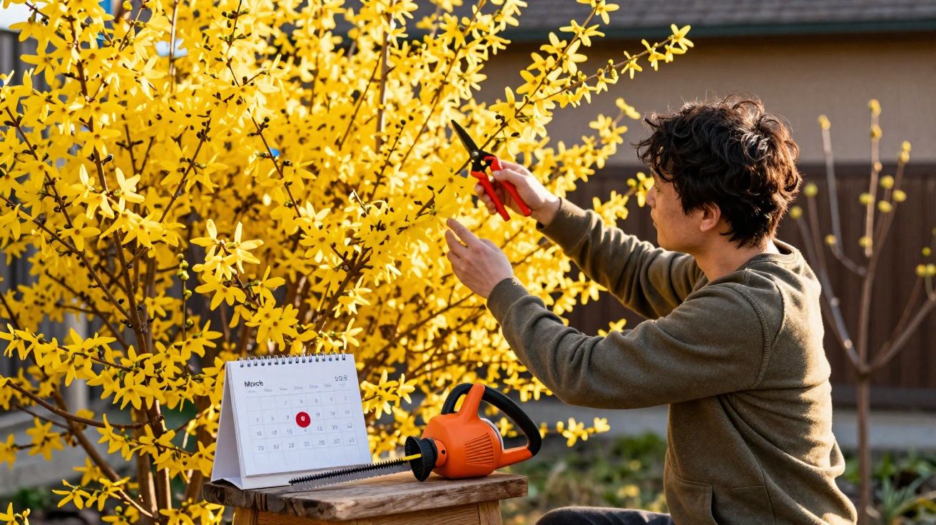 Pessoa a podar um arbusto amarelo com tesoura de poda, perto de um calendário e uma tesoura elétrica.