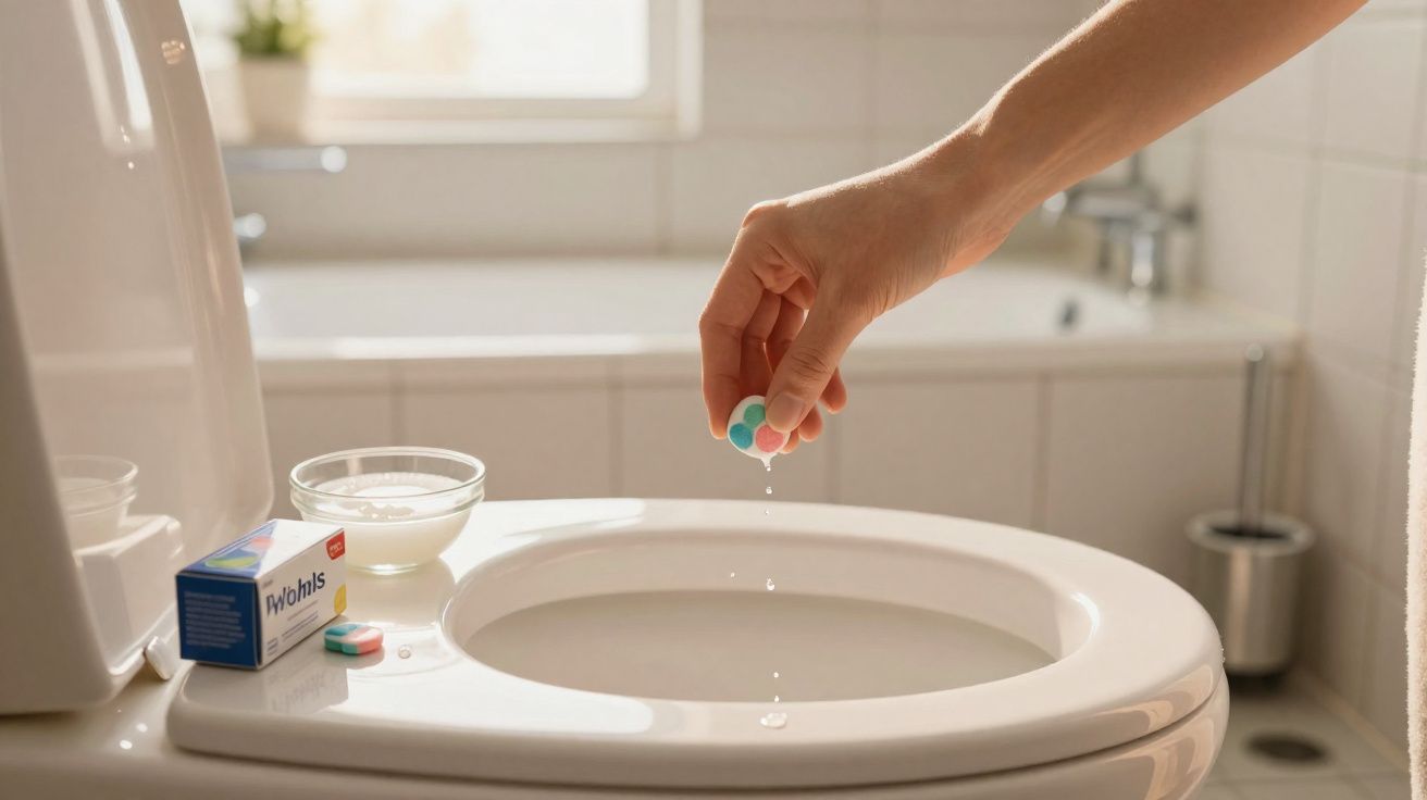 Mão a dissolver pastilha efervescente em sanita aberta num wc luminoso e moderno.