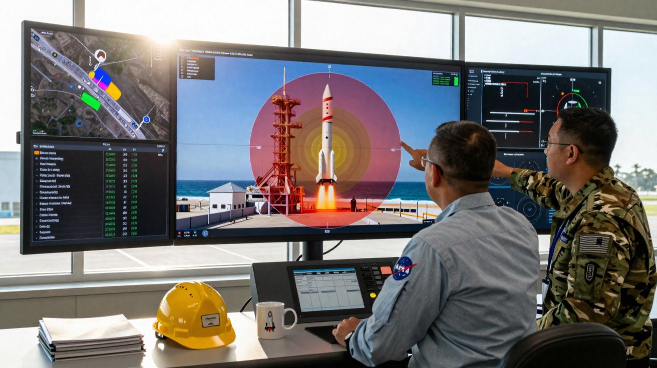 Duas pessoas em controlo de lançamento espacial monitorizam o lançamento de um foguetão em três ecrãs.