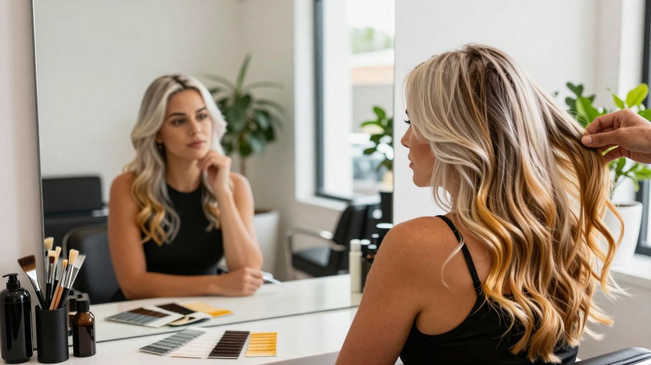 Mulher loira com cabelo ondulado sentada junto a espelho num cabeleireiro, com amostras de cor na mesa.