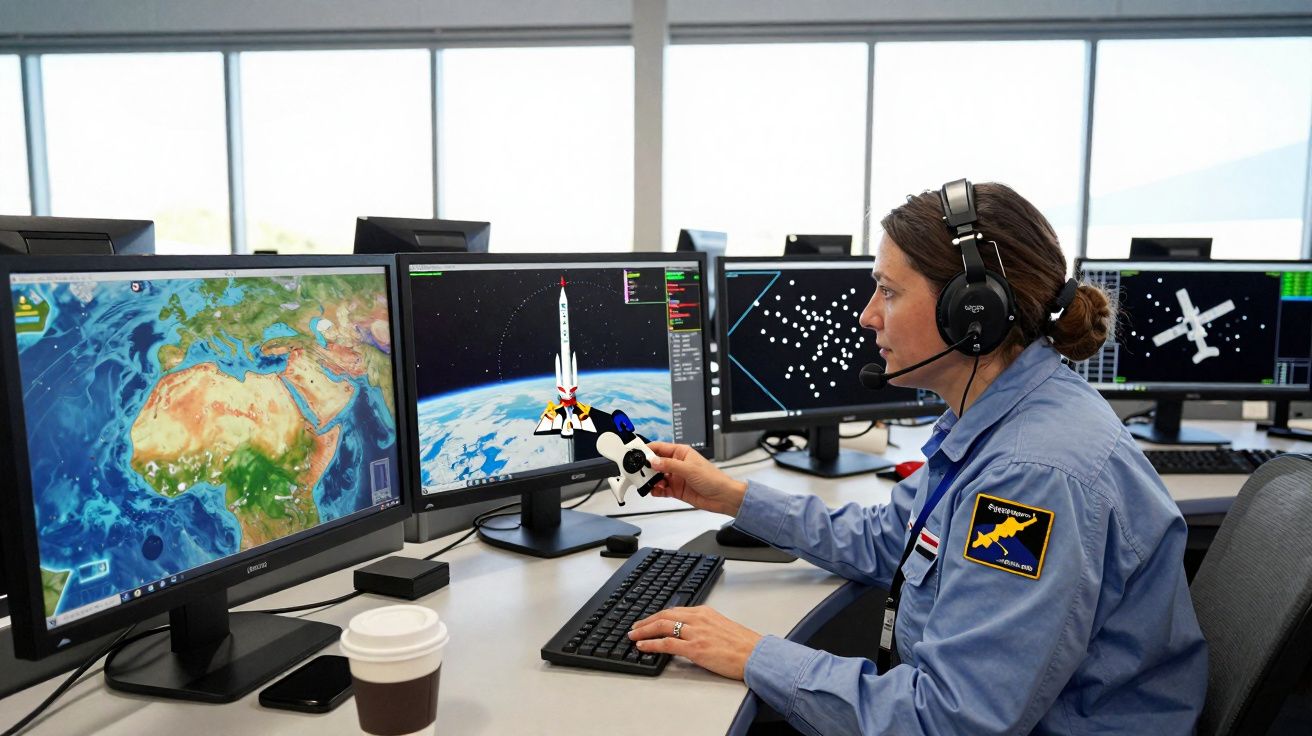 Mulher com headset controla nave espacial virtual em quatro monitores numa sala de controlo espacial.