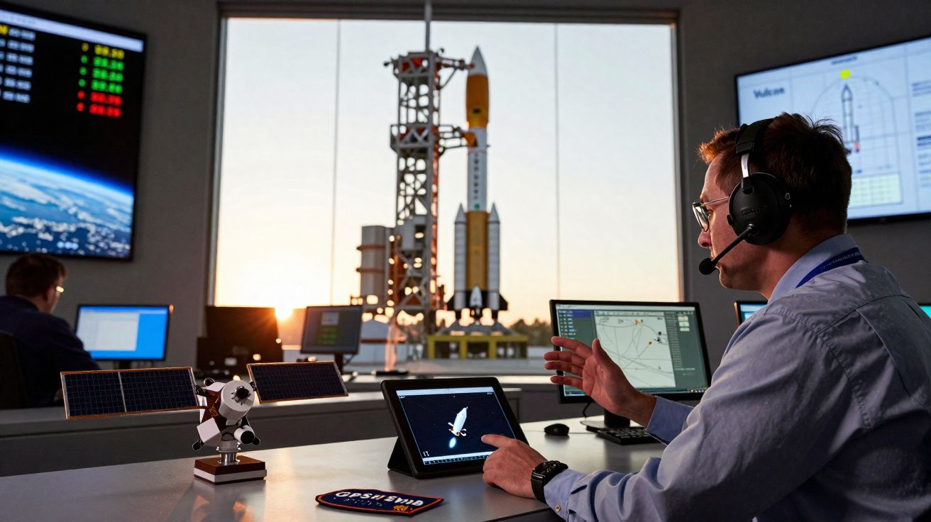 Engenheiro com headset a controlar lançamento de foguetão em sala de controlo com maquete e ecrãs digitais.