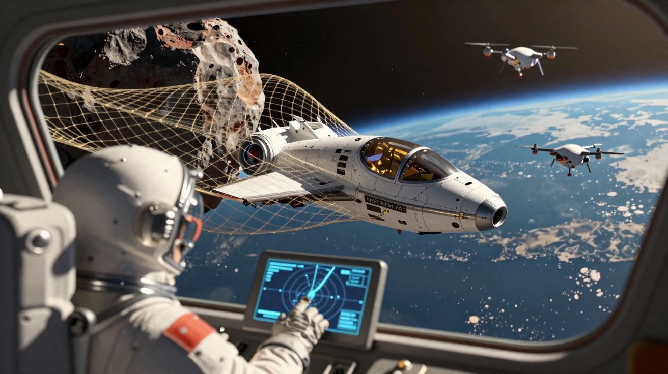 Astronauta observa nave espacial e drones a capturar asteroide com rede no espaço, visão da Terra ao fundo.