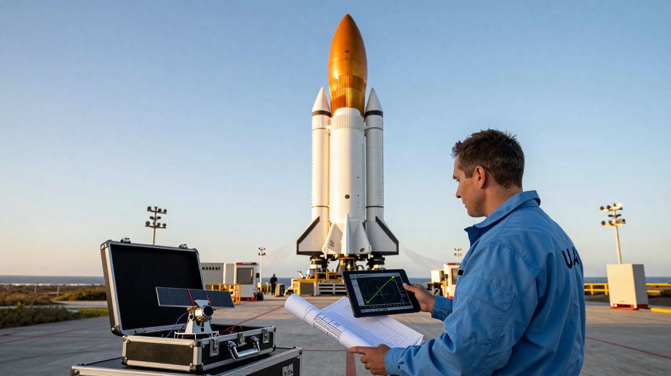 Homem com fato azul analisa dados num tablet junto a maquete de foguetão na plataforma de lançamento ao ar livre.