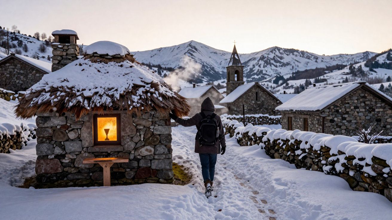 Pessoa caminhando em vila nevada com casas de pedra e montanhas ao fundo ao pôr do sol.